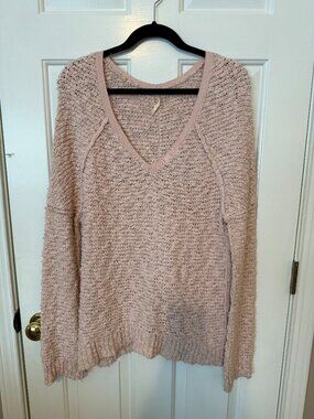 Free People Dusty Pink V-neck Cotton Knit Sweater_Size Med